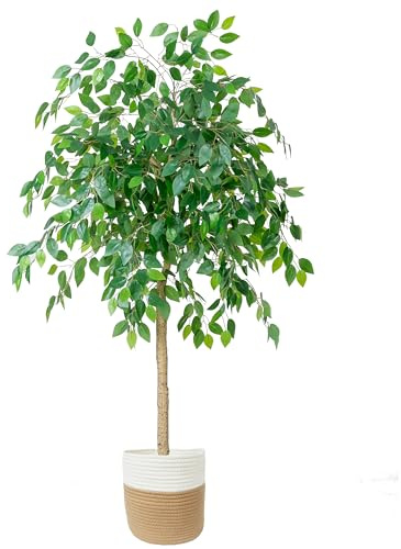 Artificial Ficus Tree, 6Ft Tall Fake Ficus Plant with White Pot,Silk Tree with Adjustable Realistic Branches and Leaves, Green All Season Long ，Faux Plant for Indoor Outdoor& House Decor