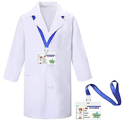 CoatCool Arztkittel Kinder Laborkittel mit Ausweiskarte, Baumwolle Kittel Weiß Kostüm für Junge Mädchen, Langarm Medizin Labormantel Doktor Kittel Chemie Kittel Kinder für Schüler Studium Labor