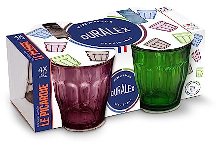 Duralex Lot de 4 verres à boire fabriqués en France Picardie Taille 24 cl Couleurs mélangées : prune, vert, bleu marine, gris