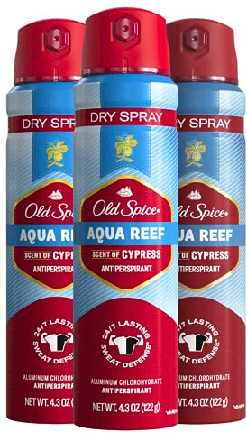 Old Spice Men's Antiperspirant & Deodorant Invisible Dry Spray Aqua Reef, 24/7 Odor Protection, 4.30oz (Pack of 3)