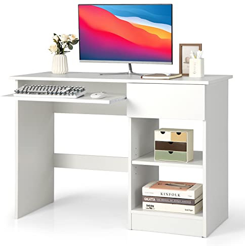 SFAREST Wooden Computer Desk, Compact Laptop Workstation with Adjustable Shelf, Pull-out Keyboard Tray, Cable Hole and Drawer, Modern Study Writing Table for Home Office (White)