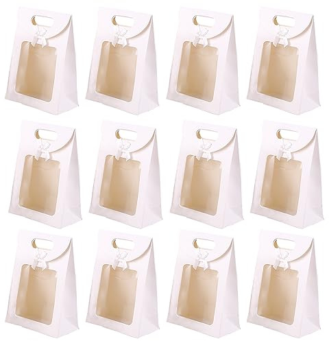 Fayemint 12 Stück Kraftpapier Verpackungsbeutel, 20 x 14 x 7 cm, Geschenktüte mit Fenster, Weiß Kraftpapiertüten, für Verpacken von Bankettgeschenken, Keksen und Süßigkeiten (Weiß)