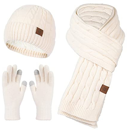 Damen Winter Warm Beanie Mütze Touchscreen Handschuhe und Lange Schal Set mit Fleece Gefütterte Strickmütze Winterschal Winterhandschuhe Elegant