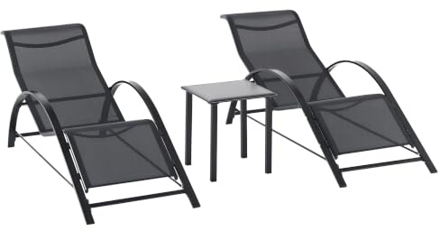 Outsunny Gartenliege Set mit Teetisch 59B x 169T x 66H cm Schwarz | Metall Mesh, 3-TLG., 2 Sonnenliegen, 1 Beistelltisch, Gartengarnitur, Gartensitzgruppe für Garten, Balkon