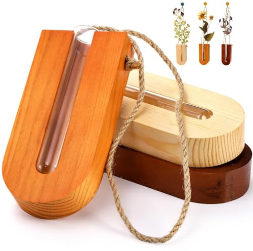 Tlence Lot de 3 Pots de Fleurs muraux d'intérieur en Bois de 15,2 cm - Vase Mural à Suspendre de Style bohème - Tube en Verre avec Support en Bois - Station de Propagation pour Plantes hydroponiques