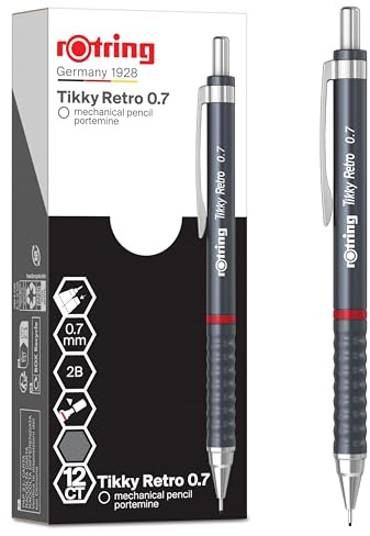 rOtring Tikky Retro Druckbleistifte | 2B 0,7 mm | Grauer Schaft | mit geriffeltem Griff für hohen Komfort | 12 Stück
