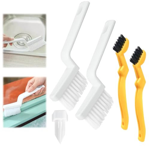 EMAGEREN 4 Stück Fugenbürste Set, Fugen Bürste Fugenreiniger, Spaltreinigungsbürste mit Stiel Putzbürste Bad Haushalt Fugenbürsten für Haushalt Fensterrahmen (Weiß Gelb)