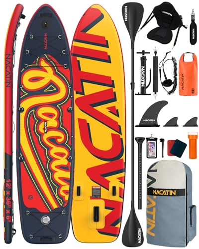 Paddle Boards für die Familie, 12' Aufblasbares Stand-Up-Paddle-Board mit Kayak-Umbausatz, Komplettes SUP-Set Paddle Boards für Erwachsene, mit Einzel-/Doppelpaddel, Kajaksitz und weiterem Zubehör