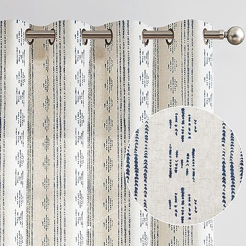 Vangao Boho Gardinen kurz mit Ösen 2er Set 140Bx145Hcm Wohnzimmer Streifen Leinenoptik Gardinen Landhaus Fenster Vorhänge Schlafzimmer Modern Gestreift Geometrisch Landhausstil Vorhang Blau und Beige