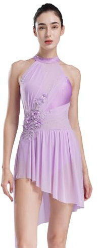 Alvivi Damen Lyrisch Tanzkleid Glitzer Ballettkleid mit Asymmetrisch Rock Eiskunstlauf Kleid Modern Dance Contemporary Tanzkleidung Hell Lila L