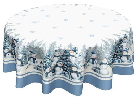 Kawani Winter-Schneemann-Tischdecke, rund, 152,4 cm, Weihnachten, Schneemann, Stechpalme, Schneeflocke, Kreis, Tischdecke, blau, Weihnachten, Urlaub, Polyester, Tischdecke für Party, Küche, Esszimmer