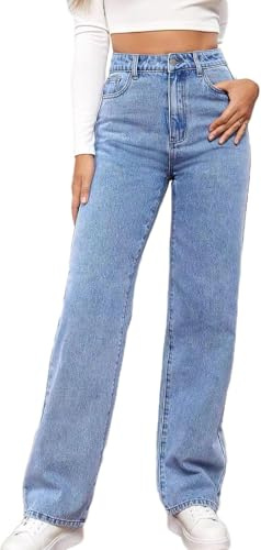 Avanise High Waist with Straight Leg,Wide Woman,Women's Straight Leg Jeans,High Waisted Stretchy Wide Leg Denim Pants with Patch Pockets (Color：Blue，Size：M)