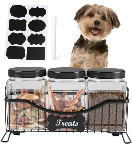 APITOS 68oz Dog Treats Container,Large Dog Treats Container with 3 Plastic Jars, Farmhouse Wire Pet Treats Storage Organizer, Dogs Snacks Treat Organizer for Kitchen Counter