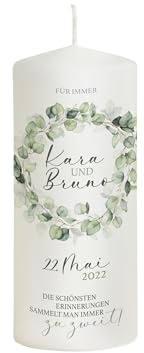 Scheinvoll® Hochzeitskerze Eukalyptus Greenery Circle mit Namen, Datum und Spruch - Modell Kara - Wunderschöne Brautkerze personalisiert (20 x 8 cm)