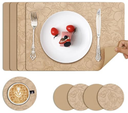 Platzsets Abwaschbar 4er Set, Tischsets Lederoptik, Mit 4 Untersetzer, rutschfest & Hitzebeständig, Hochwertige Platzdeckchen für Esszimmer & Küche, Eckig (Beige Blumenmuster)