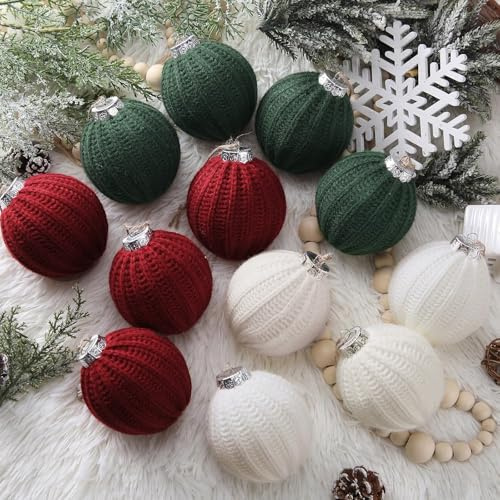 VioraWhite 12 Stück rote und grüne Weihnachtsschmuck, 8,9 cm, Boho, Bauernhaus, gehäkelte Weihnachtskugeln, modern, handgefertigt, gewebte gestrickte Baumwollkugeln für Weihnachtsbaum, rustikale