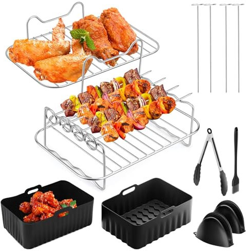 Heißluftfritteuse Zubehör,Heißluftfritteuse Grillrost und Dämpfen Rack, 2 Stück Gitter für Heißluftfritteuse Grillrost,mit 4 Spießchen, 7in Airfryer Zubehör, Air Fryer Rack Set (Mit Backblech)