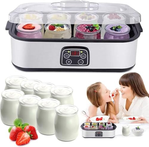 WaaYb Yogurtera automática Digital con Temporizador y Control de Temperatura Constante, de Acero Inoxidable, con 8 frascos de Vidrio de 177 ml