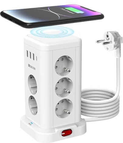 Torre di Prese 11-in-1 con Ricarica Wireless | Protezione da Sovratensione con Interruttore | 16A 3680W | Ciabatta (11 Schuko + 4 USB) | Cavo di Prolunga 2m | per Ufficio, Bianco