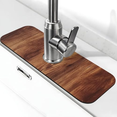 Tapis de robinet en grain de bois marron pour évier de cuisine, protection anti-éclaboussures de 14 x 38,1 cm, tapis à séchage rapide, plateau d'évier super absorbant, poignée de robinet