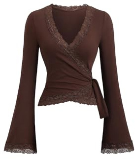 MakeMeChic Women's Wrap Blouse Pilates Workout Top Lace Trim Bell Sleeve V Neck Shirt Brown Medium