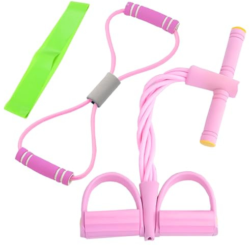 ZYEKIU Juego de 3 Piezas Cuerda Elástica Multifunción con Banda de Resistencia de Figura 8 y Banda Elástica, Banda de Resistencia de Pedal, Cuerda de Tensión Entrenador Abdominal (Rosa)