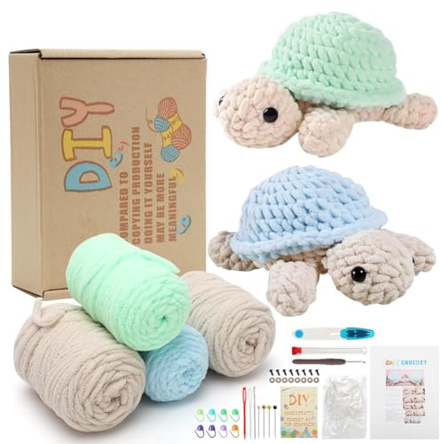 RANJIMA Häkeln für Anfänger Häkelset Tiere, 2 Stück Schildkröte Häckeln Stricken Set für Erwachsene für Weihnachten Geschenk Crochet Kit mit Video Anleitung Häkelnadel Garn DIY Häkel Zubehör Bastelset