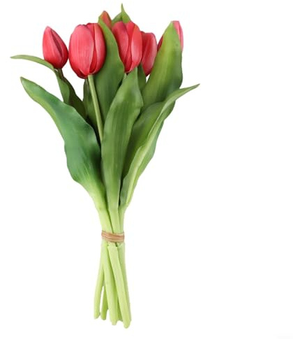 Tidevib Künstlicher Tulpenstrauß mit 7 lebensechten PU-Tulpen, fühlt sich echt an, Blumenarrangement für Hochzeit, Party, Zuhause und Urlaub Dekorationen (rot)