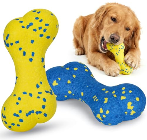 Nobleza Hundespielzeug Unzerstörbar - 2er Pack Kauspielzeug Hund Knochen, Splitterfreier Kauknochen für Welpen & Große Hunde, Schwimmfähig Wasserspielzeug für Zahnpflege, Gelb & Blau, 16x7cm
