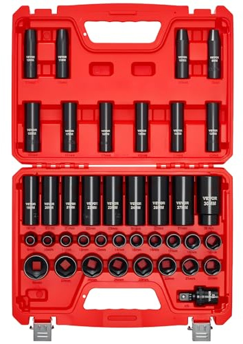 VEVOR Juego de Vasos de Impacto de 39 Piezas con Entrada de 12,7 mm, Profunda y Superficial, Métricos de 9 a 30 mm, Acero al Cromo-Vanadio, Doble Marcaje de Tamaño, para Mantenimiento Automotriz
