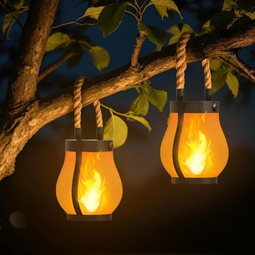 Gresonic 2er Solar Flammenlaternen Außen, IP65 Wasserdicht Hängelaterne mit Realistischem Flammeneffekt, Automatische Dämmerung, Solarleuchten für Garten, Terrasse, Patio, Camping