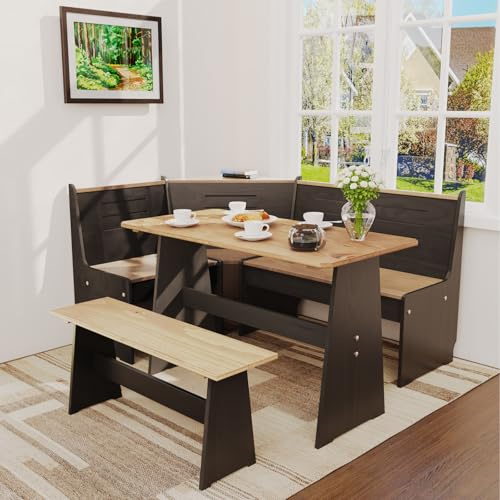 Gracava Breakfast Nook Table Set - Solid Wood L Shaped Bench Seating Space Saving Corner Dining Table Set for Kitchen Dining Room Apartment Seats 4 to 6 Black