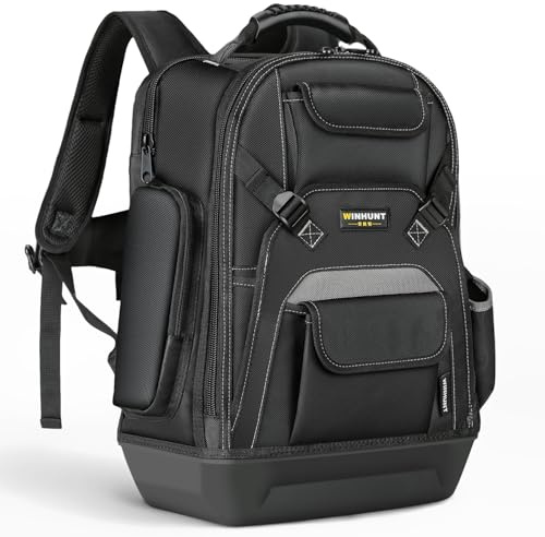 WINHUNT Tool Bag Backpack with Padded Air-Mesh Back, Large Capacity 17 Pockets, Black, 48 x 34 x 22 cm