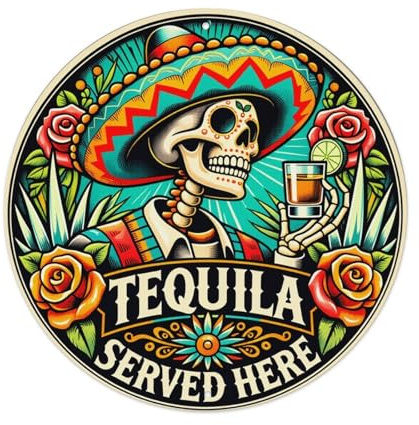 Targa rotonda vintage in metallo con teschio con sombrero con tequila, decorazione da parete in metallo, decorazione da parete per casa, bar, garage, fattoria, caffetteria, 20 x 20 cm