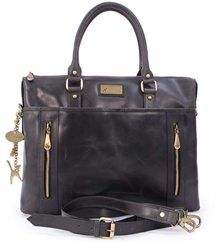 Catwalk Collection Handbags - Grande Borsa Tote in Vera Pelle - Borsa a Tracolla per PC - Valigetta 24 Ore Donna - Cartella da Lavoro - Adele - Nero