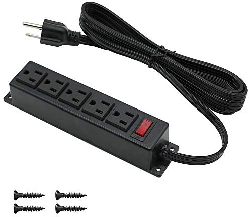 Mountable Power Strip Wall Mount Power Outlets Screw Down Power Socket in Desk Under Cabinet Power Station 5AC Outlet 6.56 Feet Extension Cord, On&Off Switch Black