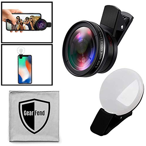 GearFend Kit d'objectifs macro et grand angle 37 mm pour iPhone, Samsung, Pixel, etc. Smartphones iOS et Android avec lumière LED pour photos et selfies + chiffon en microfibre