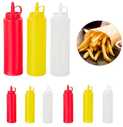 Relaxdays Squeeze Flasche, 9er Set, für Saucen, zum Quetschen, nachfüllbar, Zuhause & Gastronomie, 400 ml, rot/gelb/weiß | zum Quetschen, nachfüllbar, Zuhause & Gastronomie, 400 ml