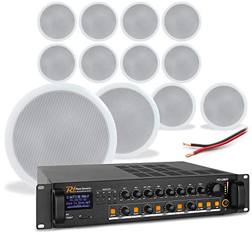 Power Dynamics 4-Zone Ceiling Speaker System with Amplifier - 12x 5 Inch 100V Line Speakers, Bluetooth Mixer Amp & Installation Cable for Office, Restaurant & Commercial PA Background Music Systems