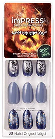 Kiss imPress Press-On Manicure Grey and Black Nails (Spider Web Design) Almond Shape Halloween Limited Edition Glow-in-the-Dark Nails HBIPD71 Fear is Near