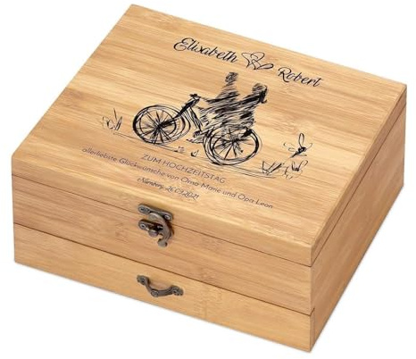Maverton Weinöffner-Set personalisiert Weinset Sommelier Set - Geschenkbox Holzbox + 8er Weinzubehörset - aus Bambus - Braun - Geschenk Hochzeit Hochzeitstag Paar - Liebespaar