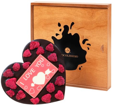 CHOCOLISSIMO - Regalo D'amore al Cioccolato - Cuore di Cioccolato Fondente Con Lamponi, in Scatola di Legno - Idee Regalo per L'anniversario, per Gli Innamorati - Cioccolatini da Offrire
