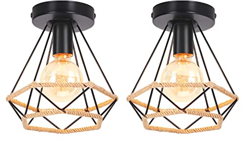 TOKIUS Deckenleuchte Industrielle Vintage Lampe Retro E27 Deckenlampe aus Metall 20CM Käfig Design Pendelleuchte mit Hanfseil für Küche Wohnzimmer Esszimmer Korridor (2 Stücke)