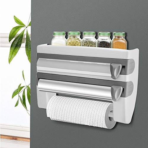 Kitchen Roll Dispenser Foil and Paper Cutter, 3 in 1 Paper Foil Roll Holder Wall Mounted Sauce Bottle Storage Rack Cling Film Dispenser and Cutter Kitchen Foil Cling Film Dispenser, 39*10* 24 Cm Grey