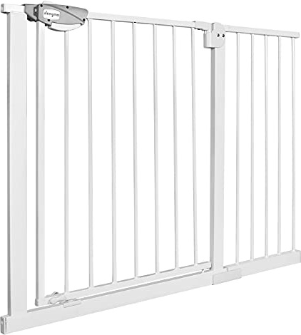 Aufun Griglia di protezione per porte e scale, per impedire l’accesso ai bambini, chiusura automatica, installazione senza bisogno di effettuare fori, apertura a 180° nei due sensi -105-115 cm, bianca