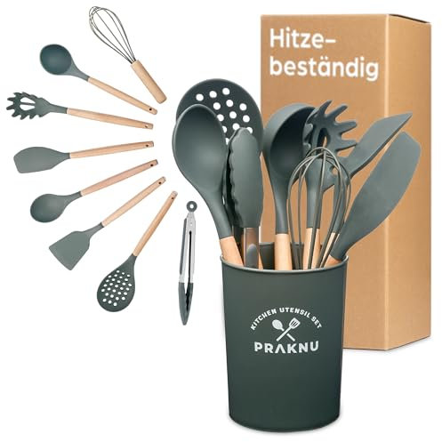 Utensilios de Cocina de Silicona Madera, 8 Piezas de Accesorios de Cocina de Silicona Resistente al Calor - Certificado por la FDA para Alimentos - Gris
