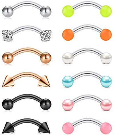 Funseedrr 6-12stk Edelstahl Augenbrauenpiercing Lippenpiercing 16G 8mm Banane Rook Daith Ohr Piercing Barbell