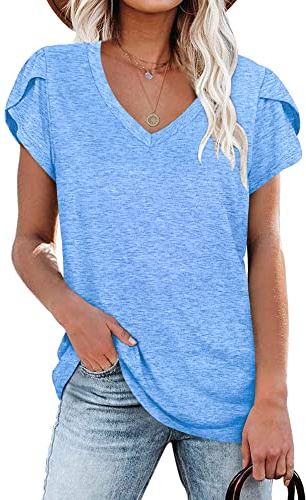 PLOKNRD Donna Casual Scollo a V Top Elegante Petalo Manica Corta Top Estivo Classico T-Shirt