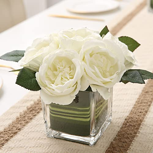 GreenHouzz Artificial Peony Silk Flower Centerpieces Faux Floral Arrangement in Glass Vase for Home Wedding Table Decoration (Cream)