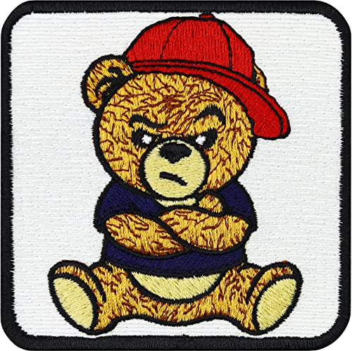 Cooler Teddybär Aufnäher Ted Bügelbild gestickt | Premium Teddy Patch Grumpy Teddy Bär Applikation zum aufbügeln/annähen | für alle Stoffe| 75x75mm